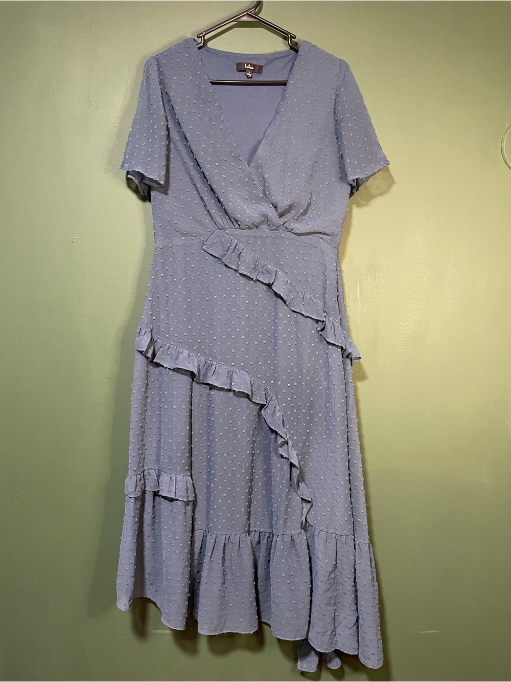 Lulus Next to You Slate Blue Swiss Dot Ruffled Midi Dress — Size L